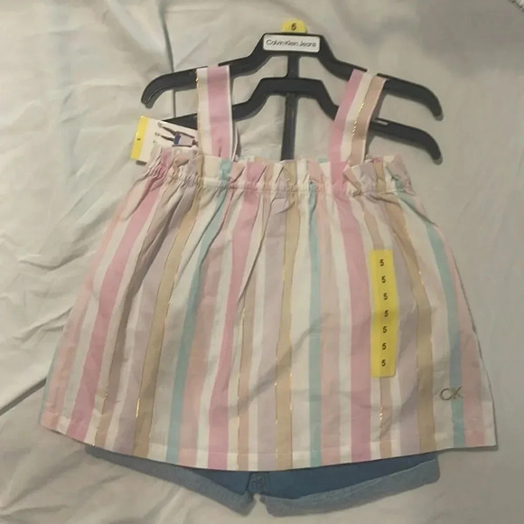 Calvin Klein pink 3 piece shirt set Jean Shorts Striped shirt #1 - Picture 4 of 7